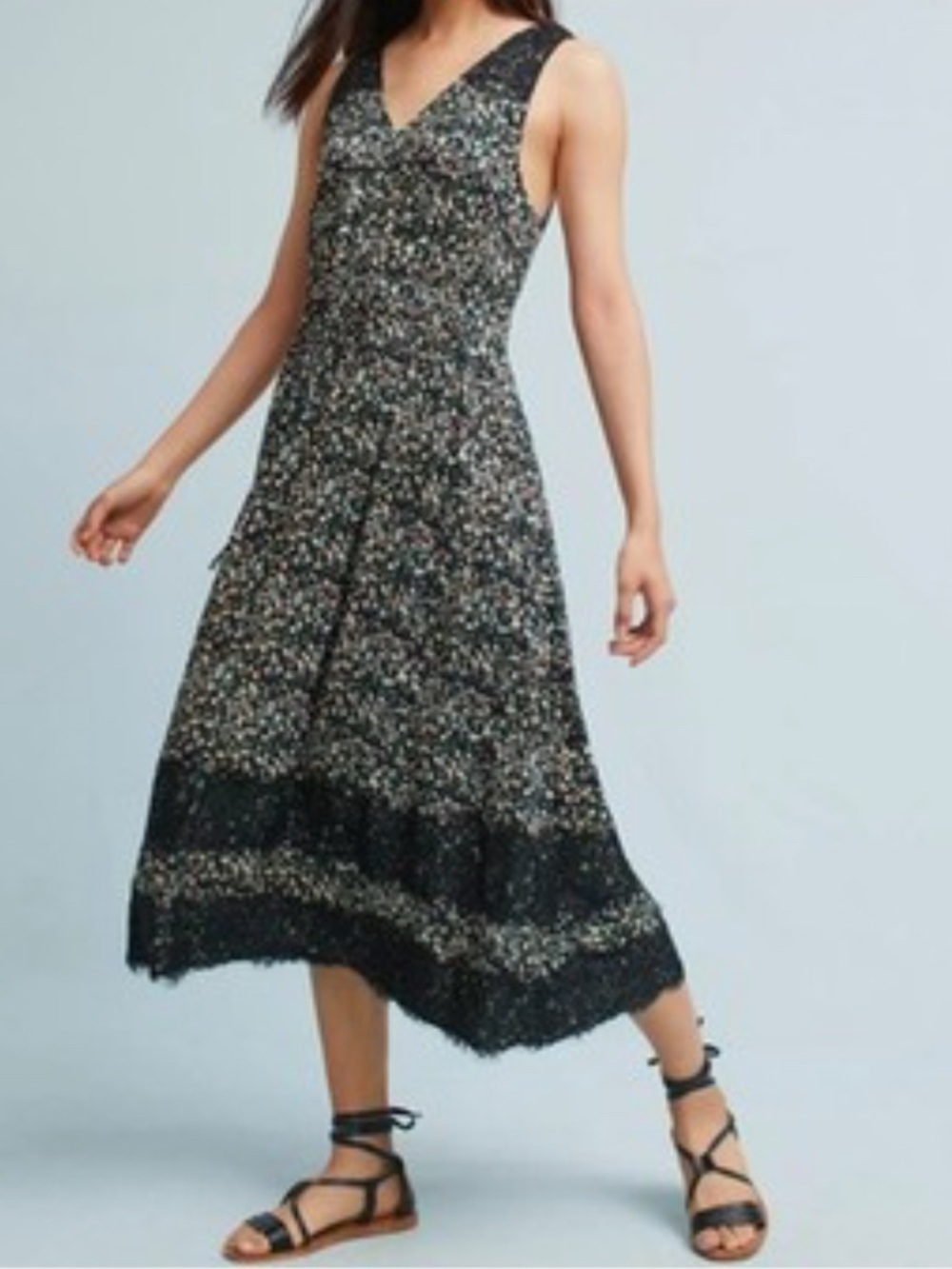 Black Floral Midi Dress with Lace Details | Women’s Size Small